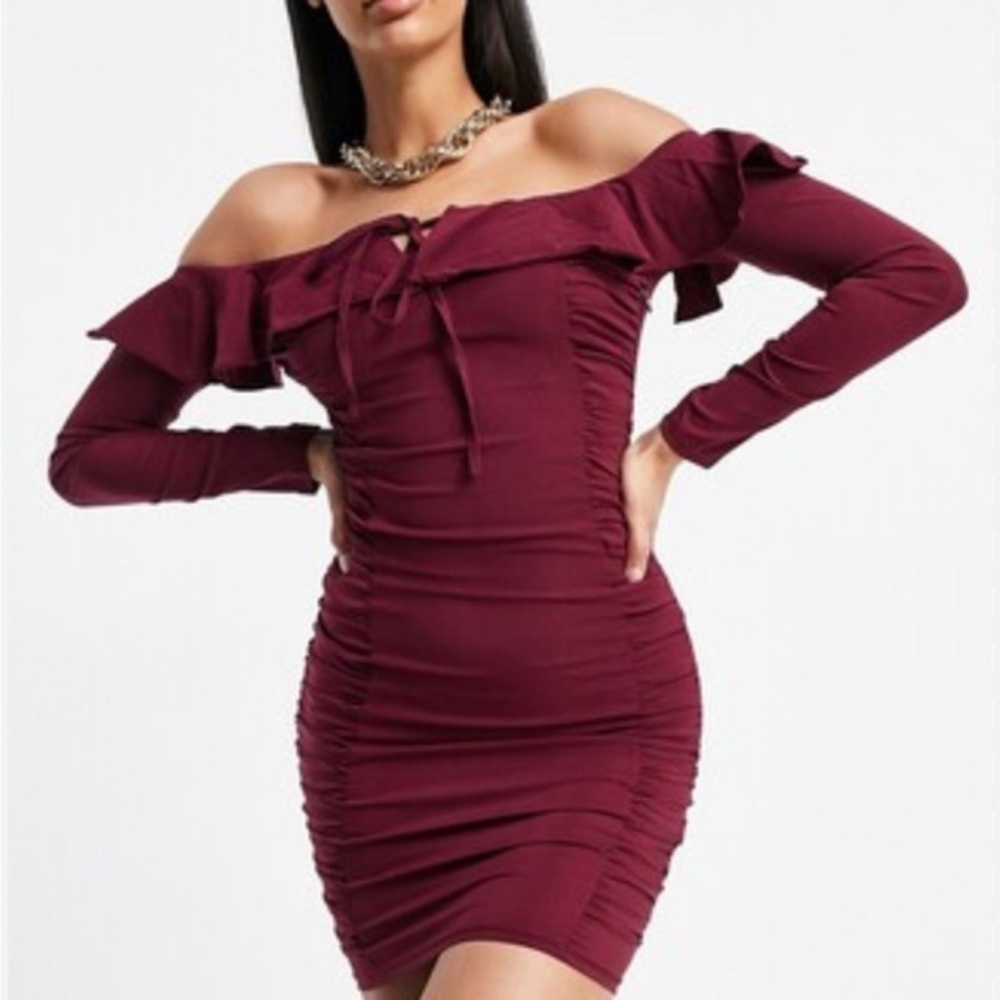 NWT NaaNaa Bardot Frill Long Sleeve Dress size 4 in Burgundy
